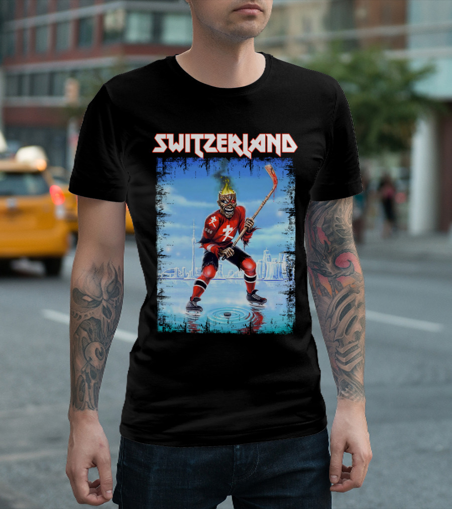 Switzerland Ice Hockey Skeleton with Flaming Head and Hockey Stick 666 Red Uniform Urban Ice Rink T-Shirt