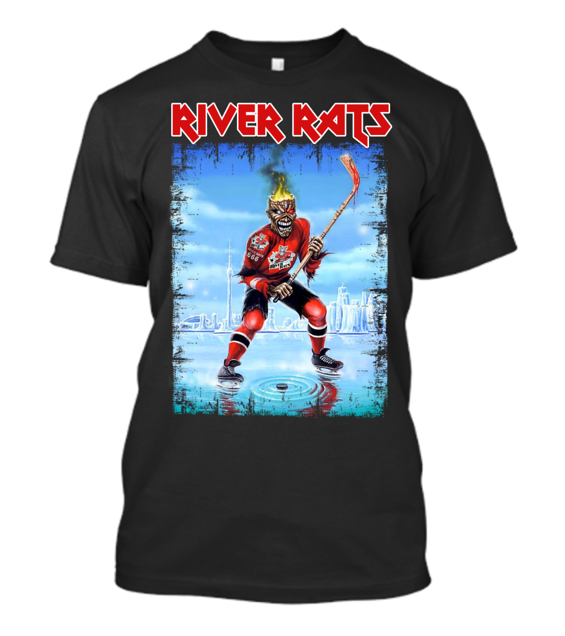 River Rats Hockey Team Flaming Skull Player T-Shirt