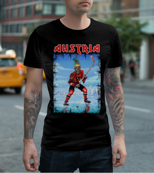 Austria Hockey Skeleton With Red And Black Flames And Vienna Skyline T-Shirt