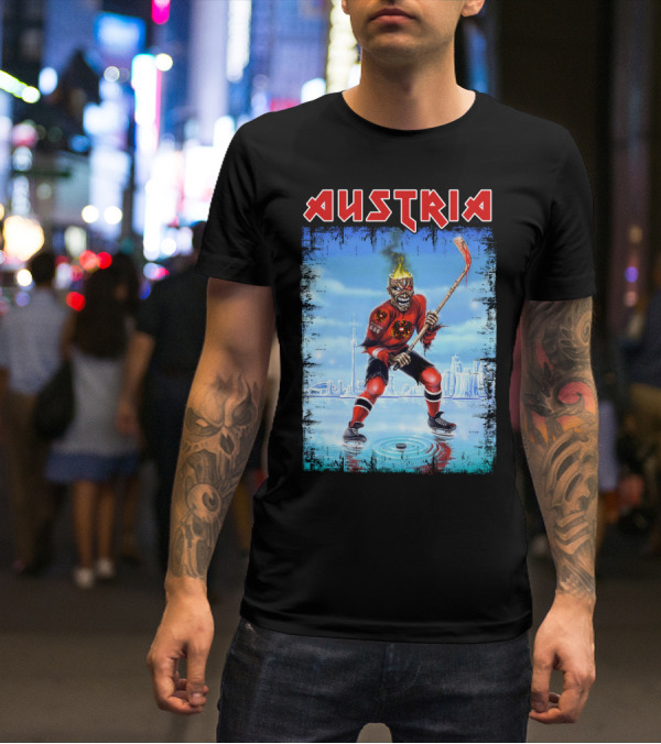 Austria Hockey Skeleton With Red And Black Flames And Vienna Skyline T-Shirt