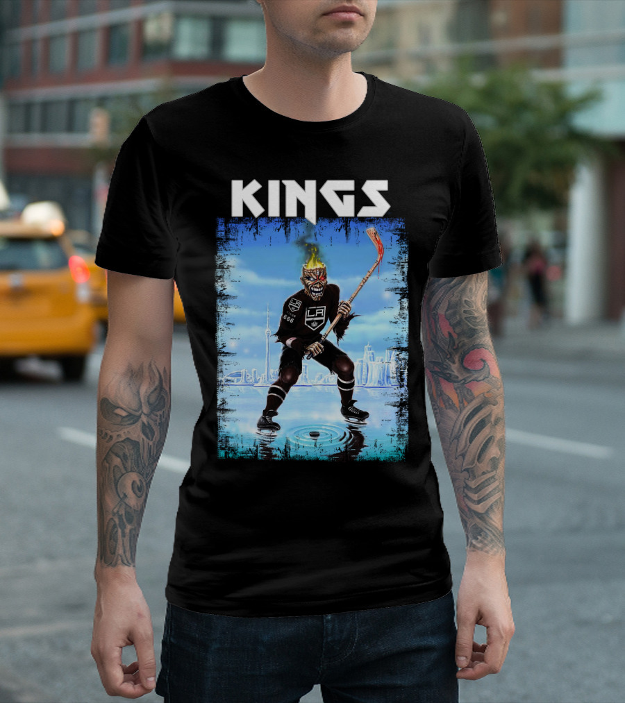 Kings Los Angeles Hockey Fiery Skull Player Ice Skating Scene T-Shirt