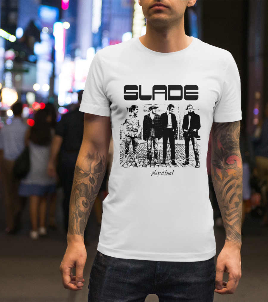 Slade Play It Loud Band Members Black And White Group Photo T-Shirt