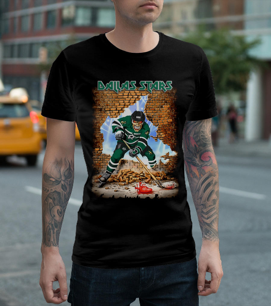 Dallas Stars Hockey Player Breaking Through Brick Wall With Skull Face And Hockey Stick T-Shirt
