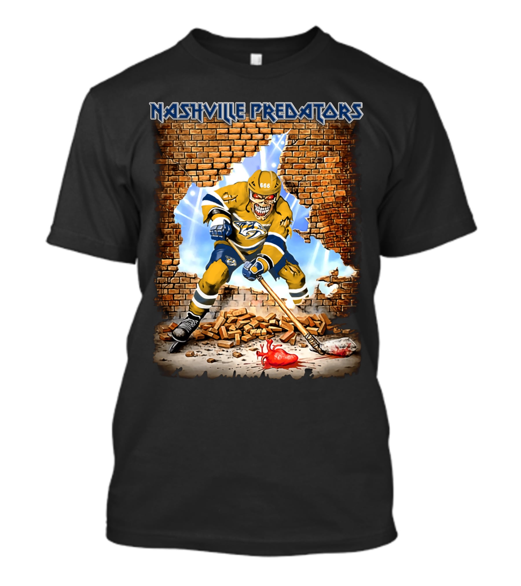 Nashville Predators Hockey Player Smashing Through Brick Wall With Heart And Lightning T-Shirt