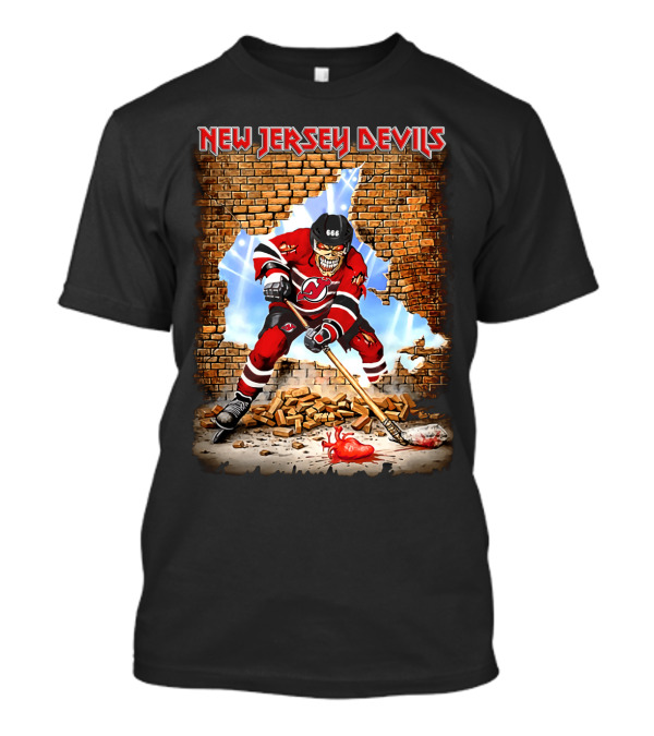 New Jersey Devils Hockey Skeleton Breaking Through Brick Wall T-Shirt