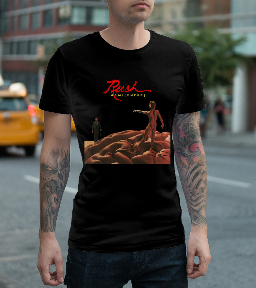 Rush Hemispheres Red Text Nude Figure On Brain With Man In Black Suit T-Shirt