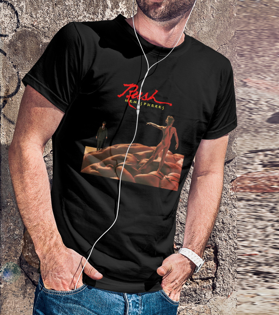 Rush Hemispheres Red Text Nude Figure On Brain With Man In Black Suit T-Shirt