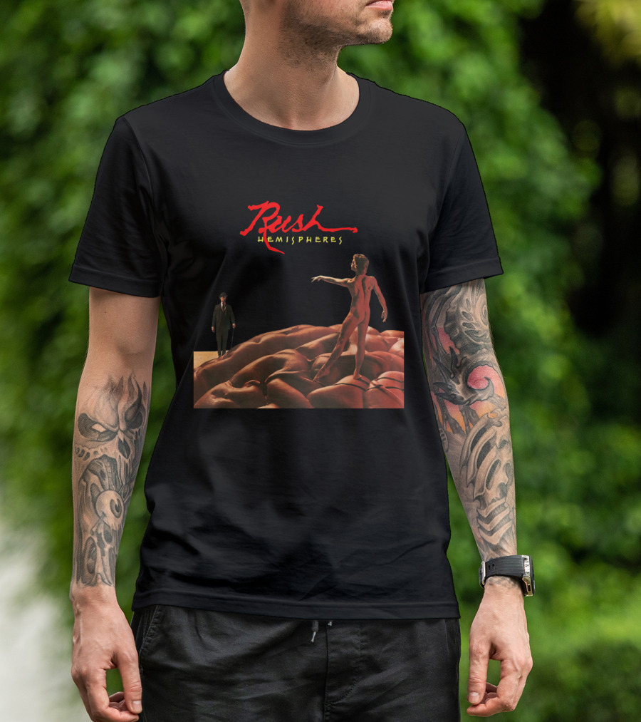 Rush Hemispheres Red Text Nude Figure On Brain With Man In Black Suit T-Shirt