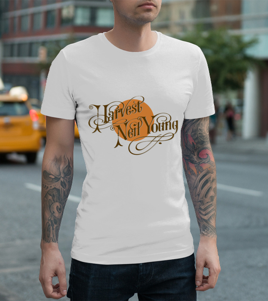 Neil Young Harvest Vintage Script Text with Orange Circle T-Shirt