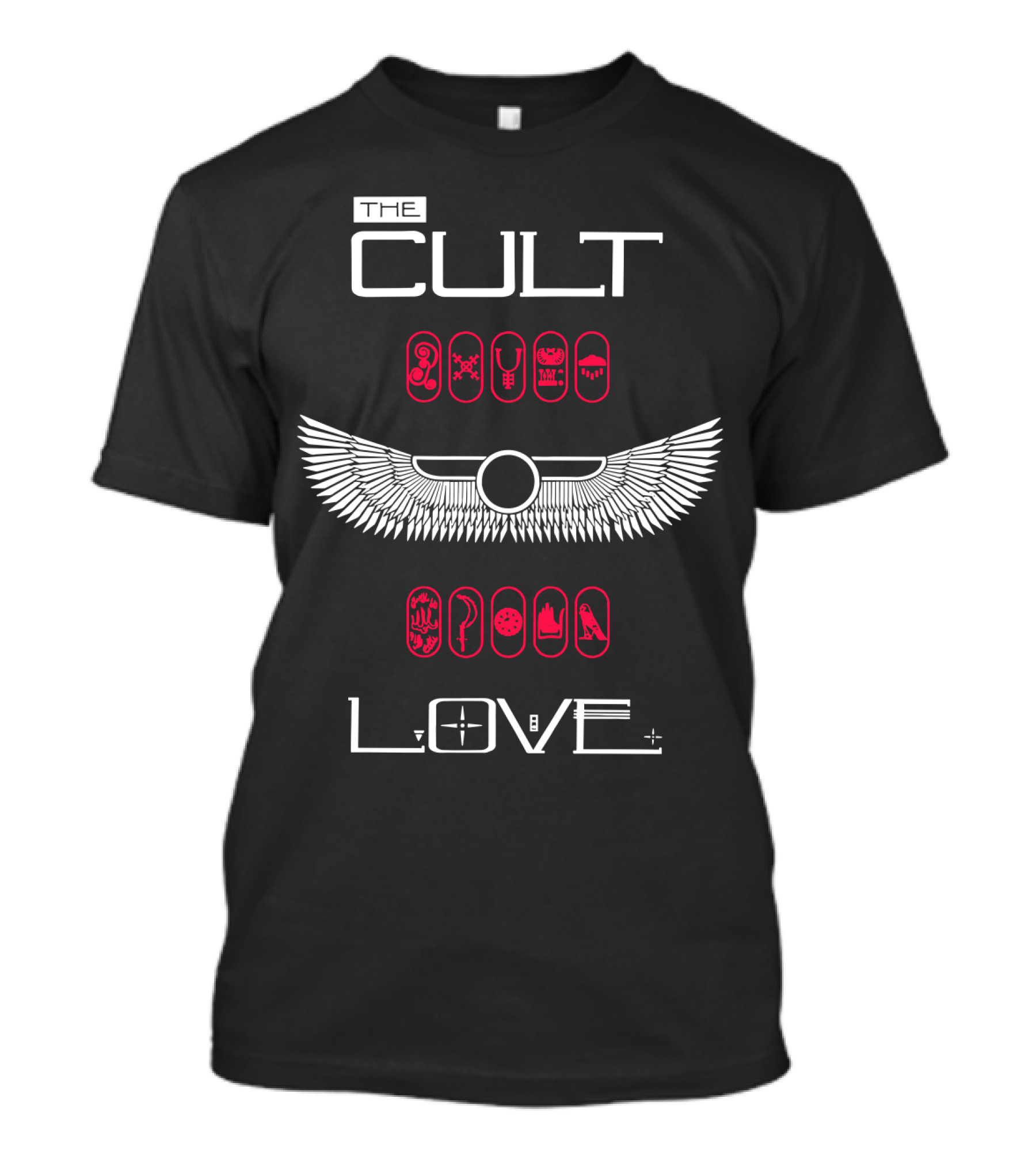 The Cult Love Album Egyptian Winged Symbols With Hieroglyphs Red And White T-Shirt