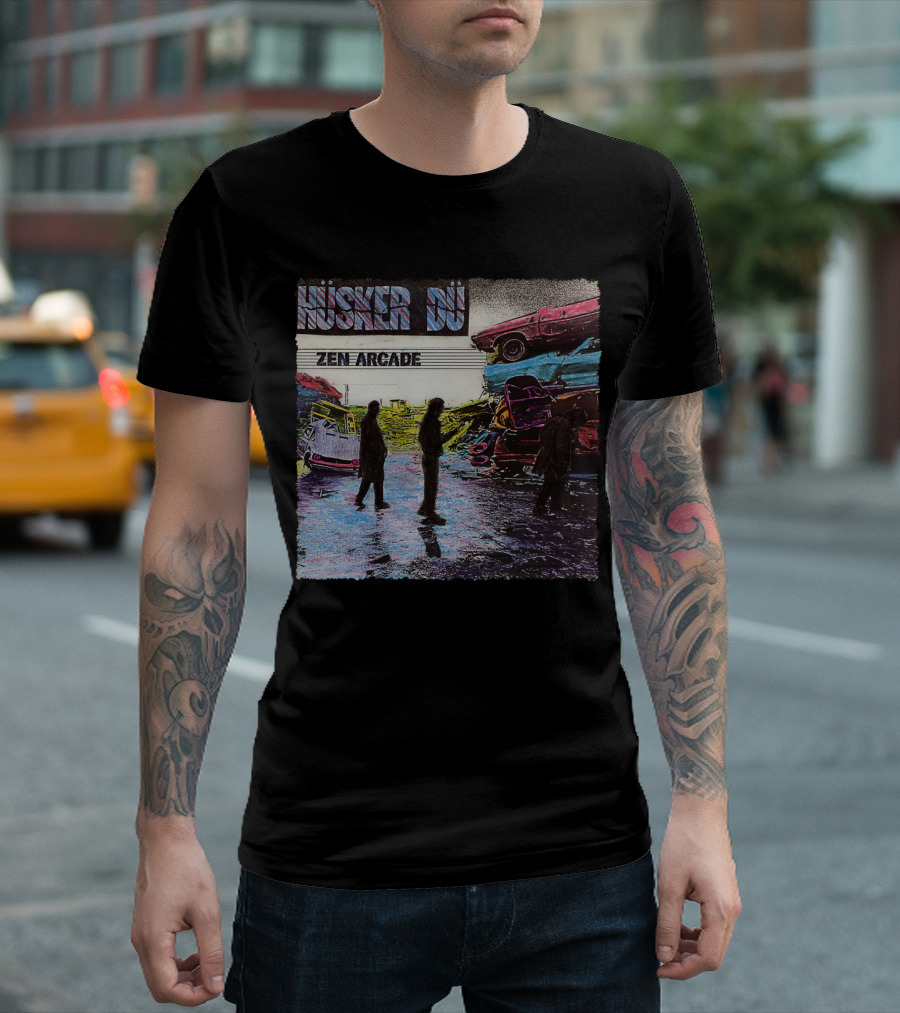 Husker Du Zen Arcade Album Cover With Silhouetted Figures And Junkyard Scene T-Shirt