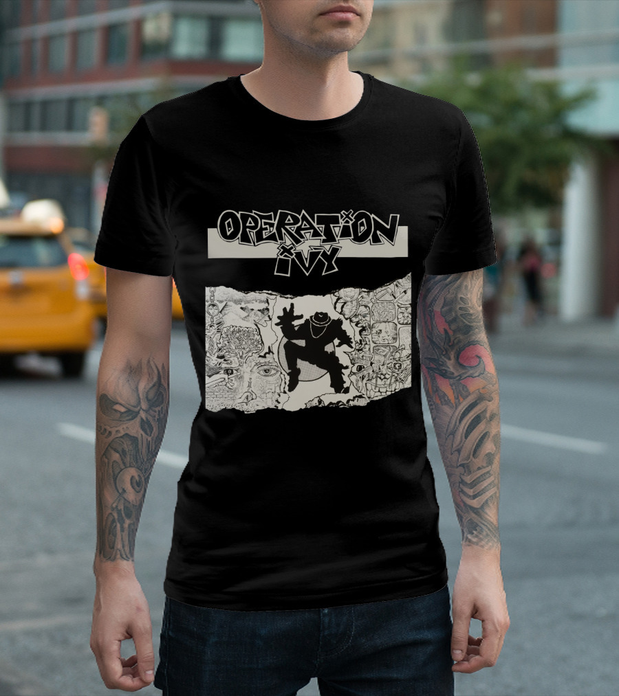 Operation Ivy Energy Album Cover Black And White Silhouetted Figure And Doodle Art T-Shirt