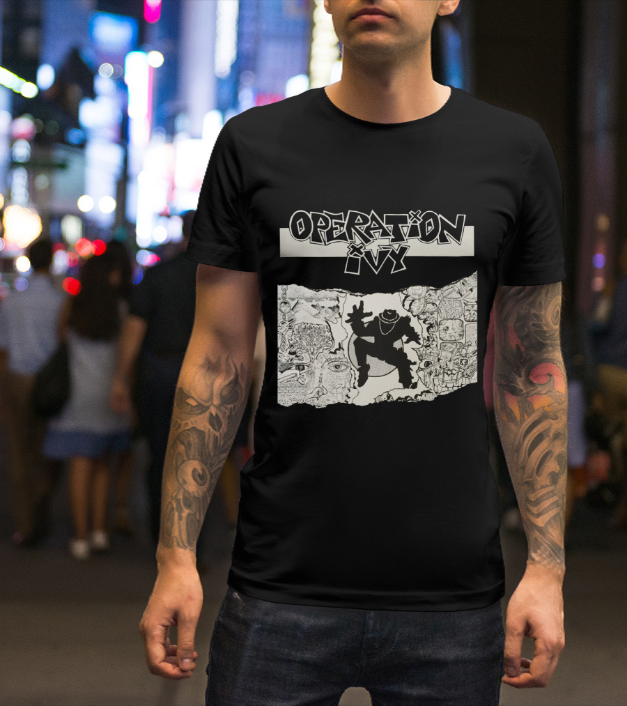 Operation Ivy Energy Album Cover Black And White Silhouetted Figure And Doodle Art T-Shirt