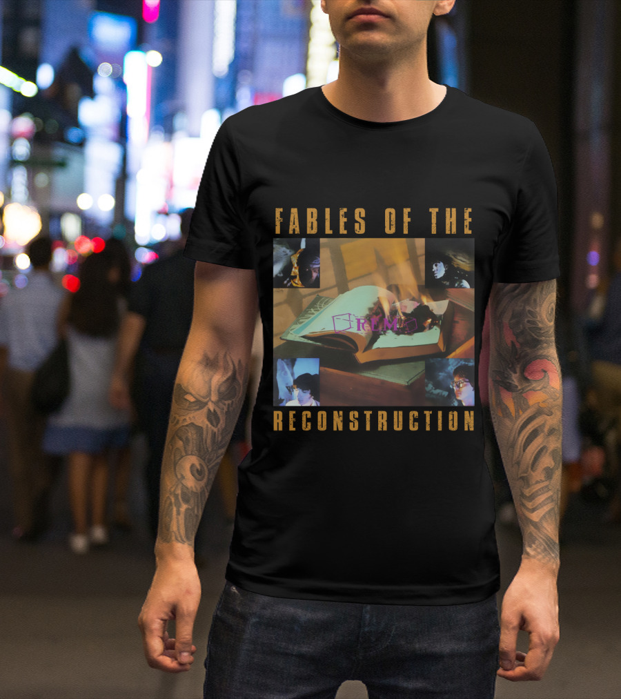 Fables Of The Reconstruction R.e.m Open Book With Burning Pages And Portraits T-Shirt