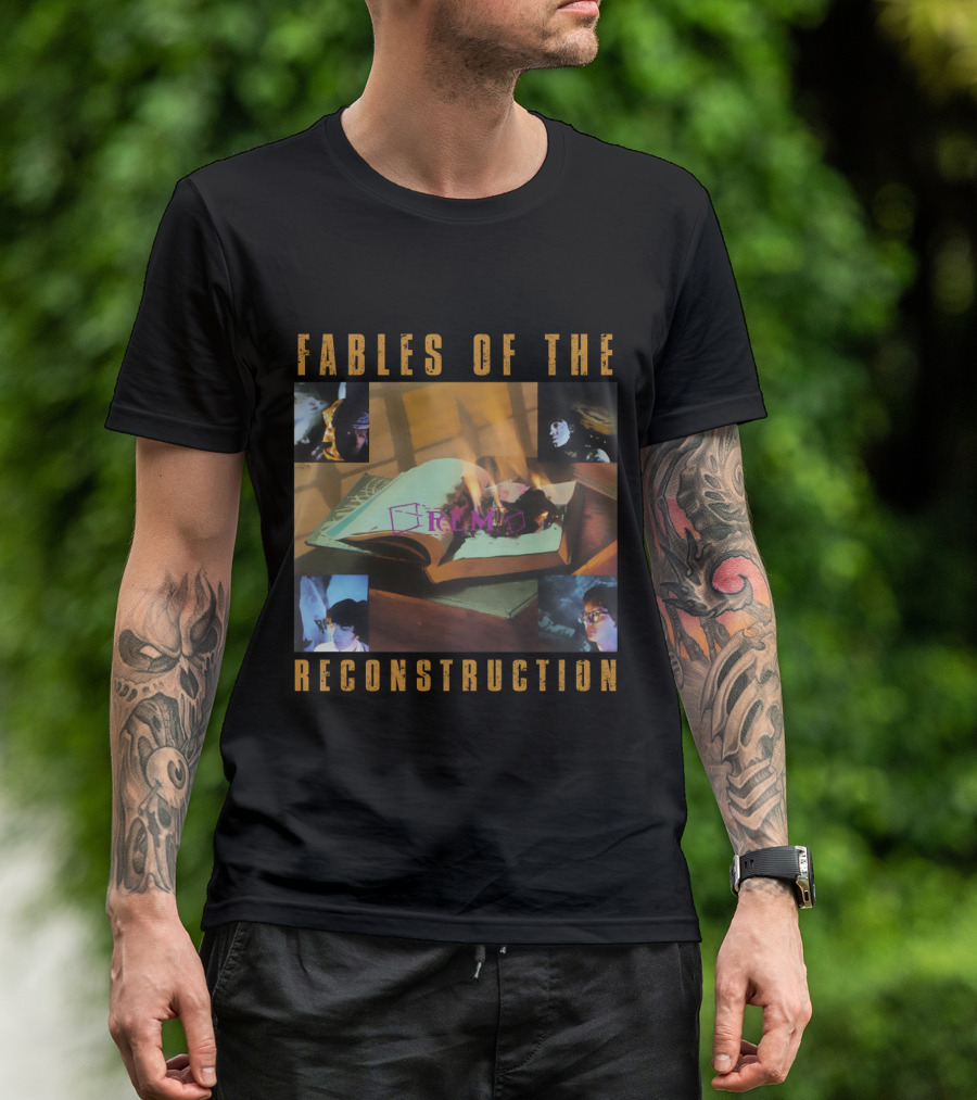Fables Of The Reconstruction R.e.m Open Book With Burning Pages And Portraits T-Shirt