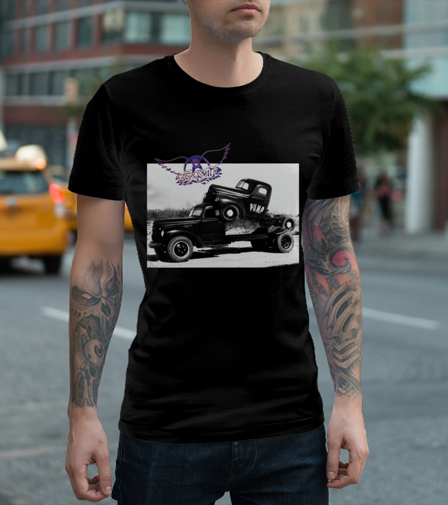 Aerosmith Logo with Trucks and Pump Text T-Shirt