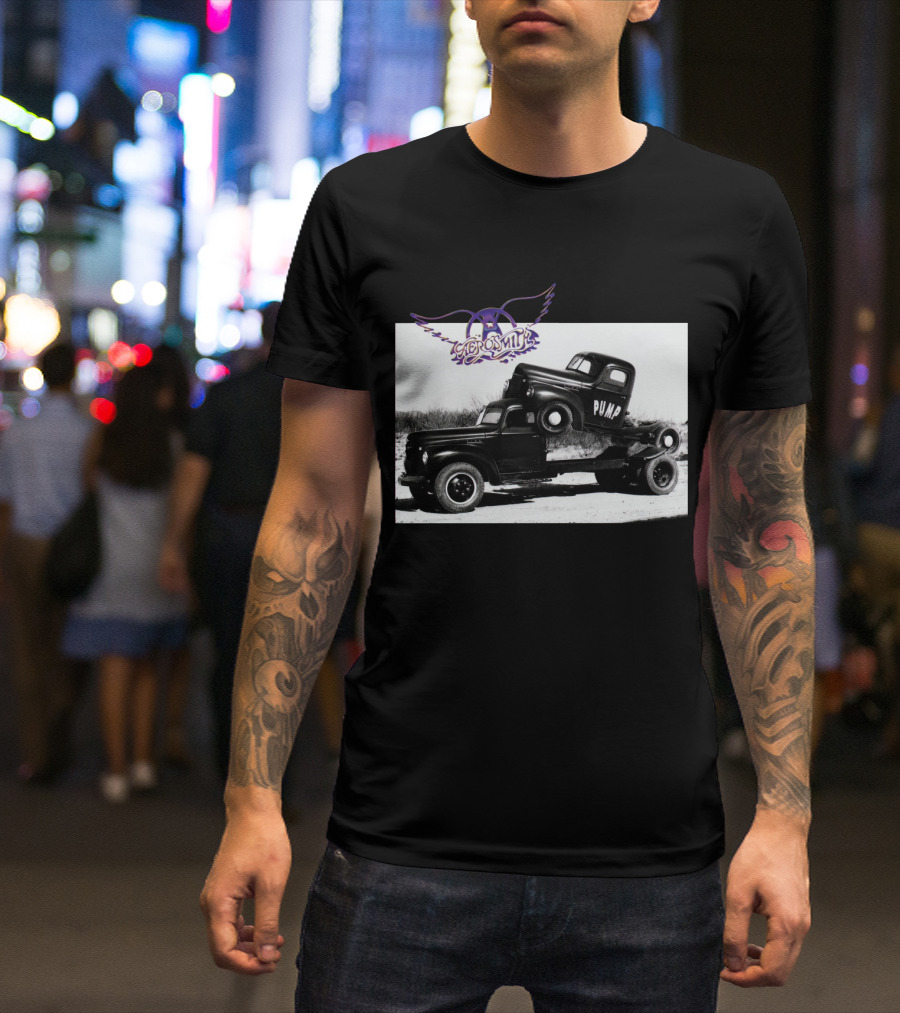 Aerosmith Logo With Trucks And Pump Text T-Shirt