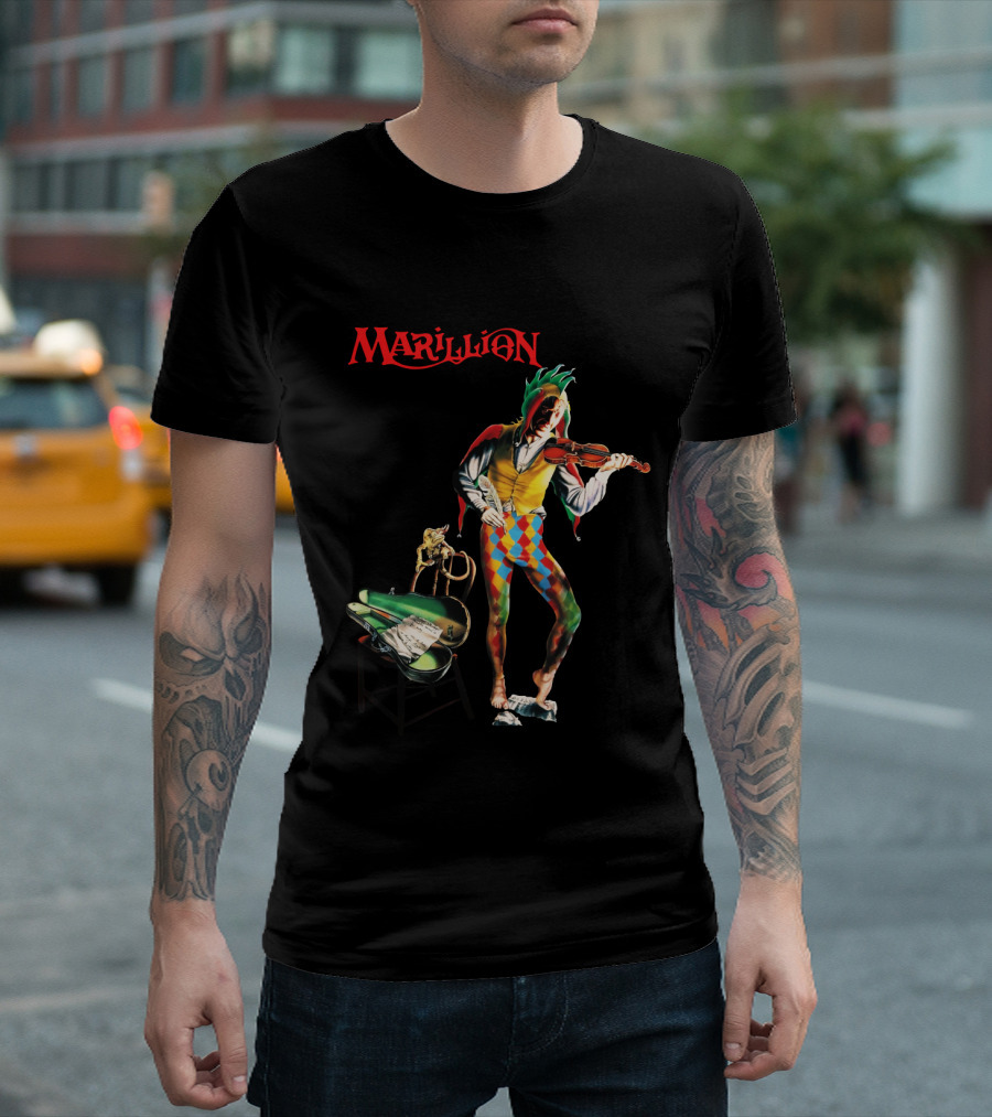 Marillion Script For A Jester's Tear Violin Playing Jester With Sheet Music And Harlequin Colors T-Shirt