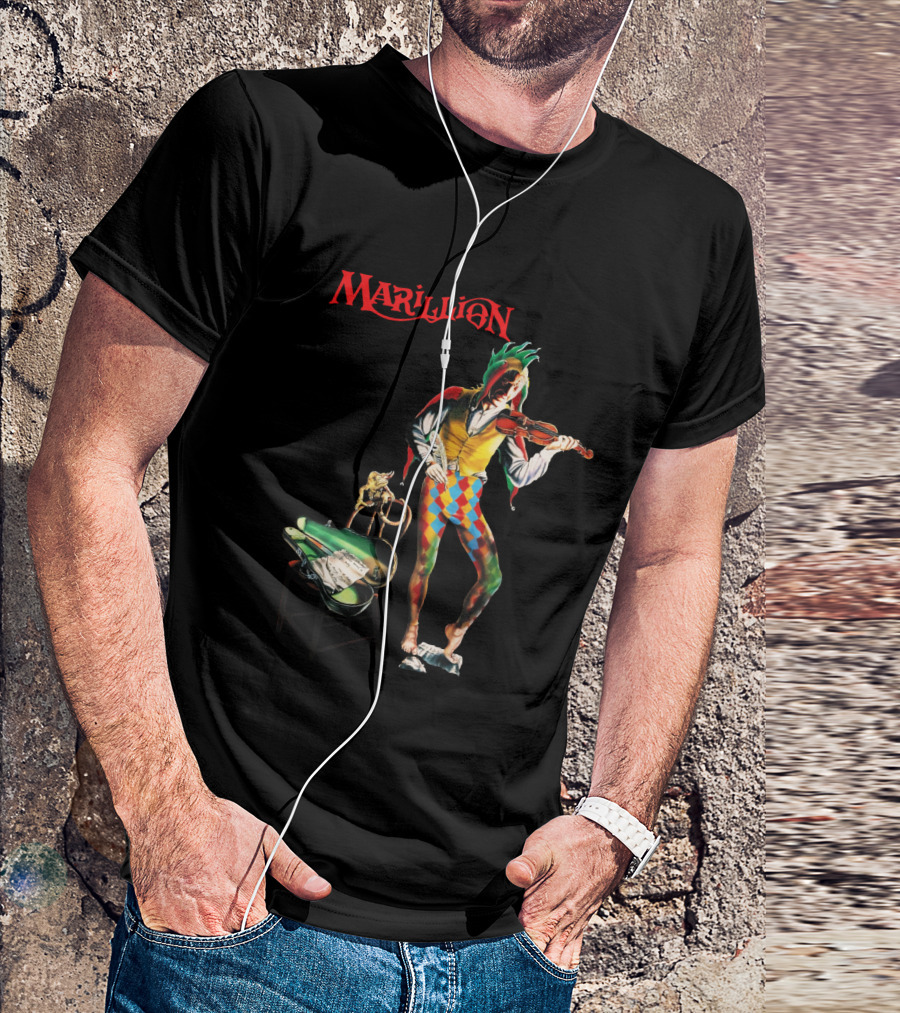 Marillion Script For A Jester's Tear Violin Playing Jester With Sheet Music And Harlequin Colors T-Shirt