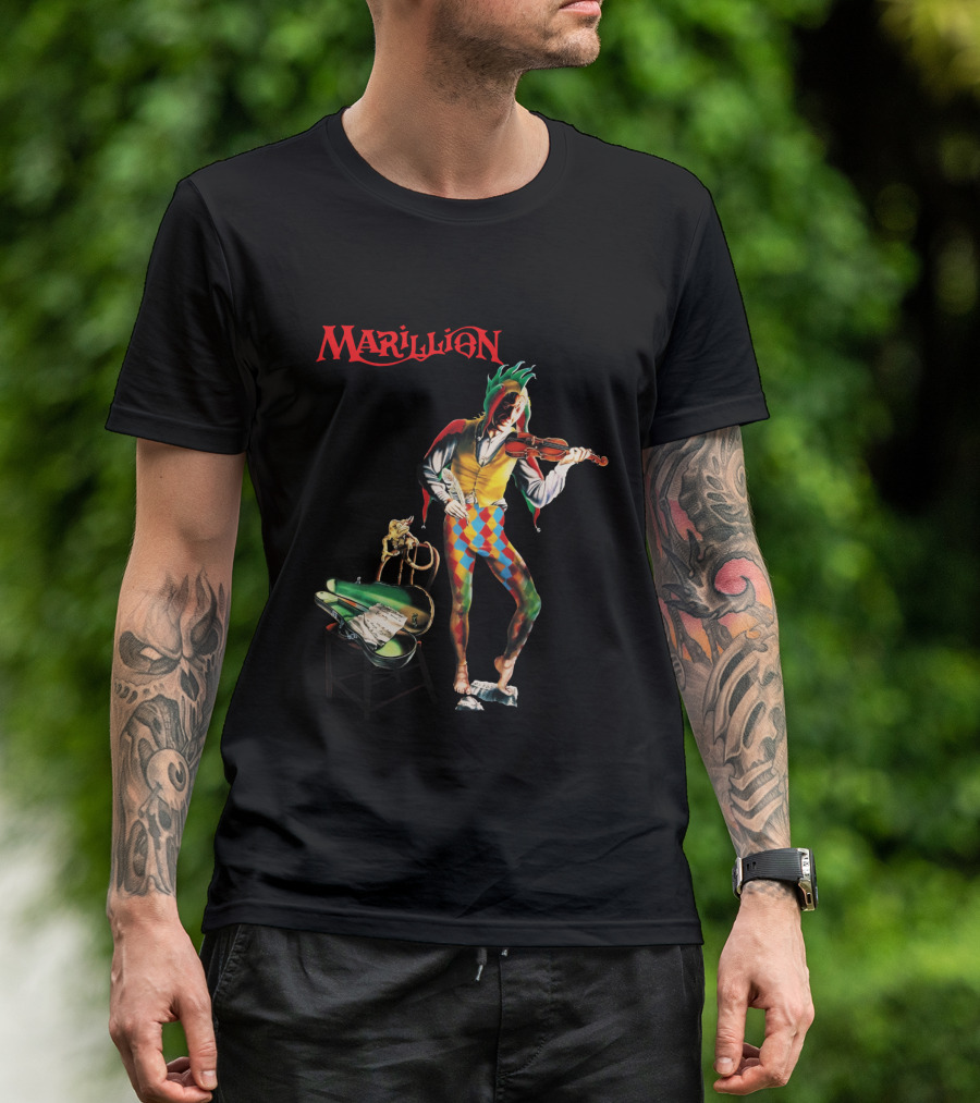 Marillion Script For A Jester's Tear Violin Playing Jester With Sheet Music And Harlequin Colors T-Shirt