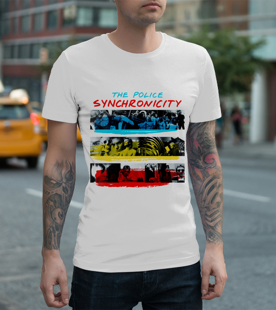 The Police Synchronicity Album Cover Art Blue Yellow Red Stripes T-Shirt