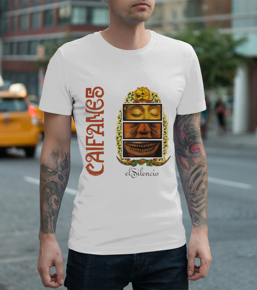Caifanes El Silencio Aztec-Inspired Face Art in Yellow and Brown T-Shirt