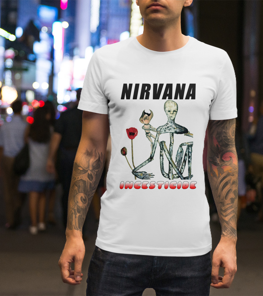 Nirvana Incesticide Album Cover Art With Surreal Skeleton Figure And Red Flowers T-Shirt