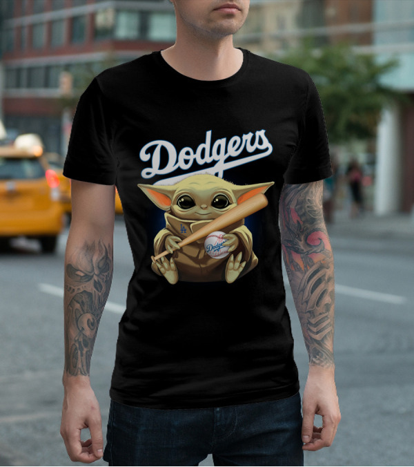 Dodgers Baby Yoda Holding Baseball Bat And Ball T-Shirt