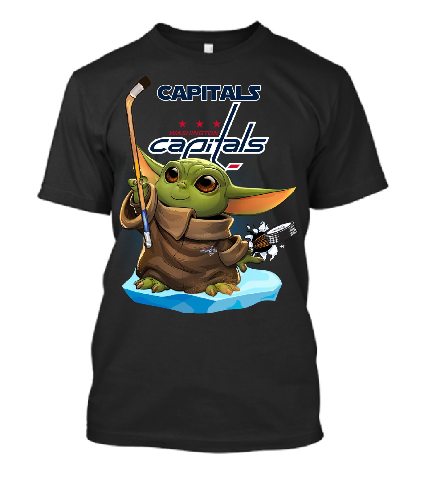 Baby Yoda Washington Capitals Hockey Fan Icon With Stick And Puck T-Shirt