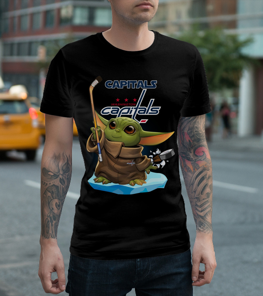 Baby Yoda Washington Capitals Hockey Fan Icon With Stick And Puck T-Shirt