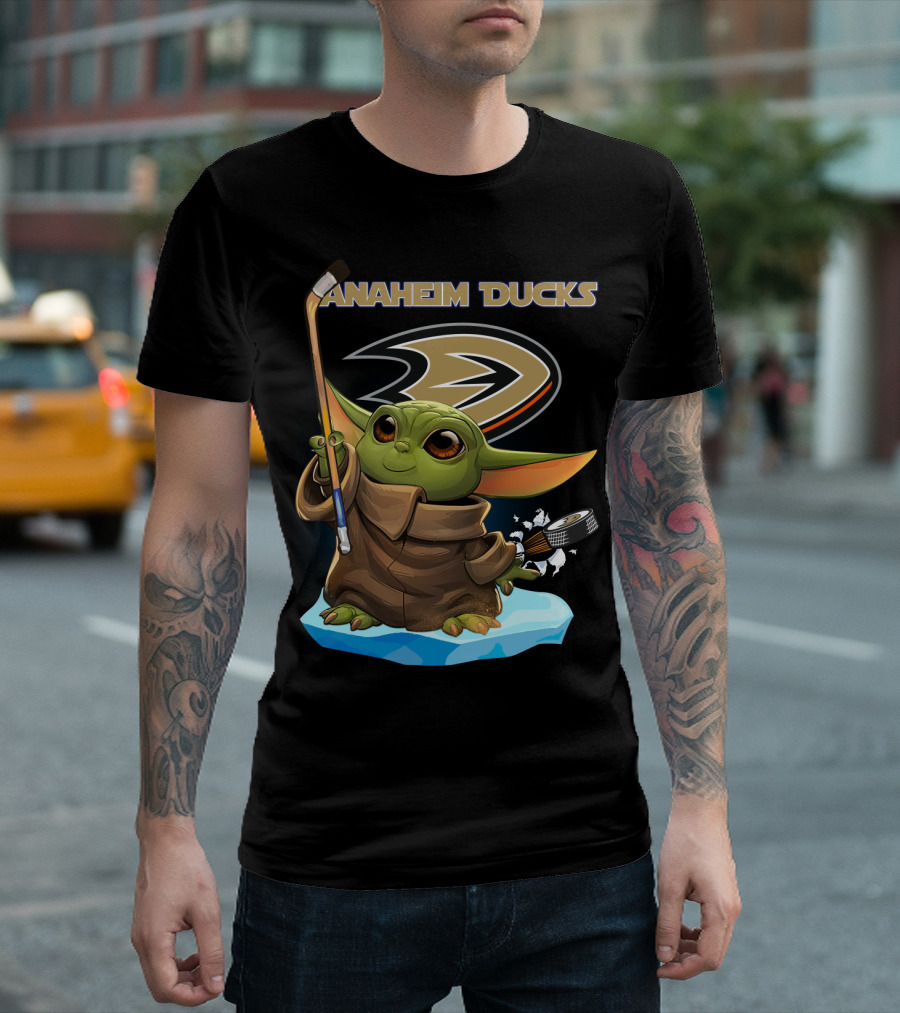 Anaheim Ducks Baby Yoda Hockey Star Wars Crossover Ice Rink Puck T-Shirt