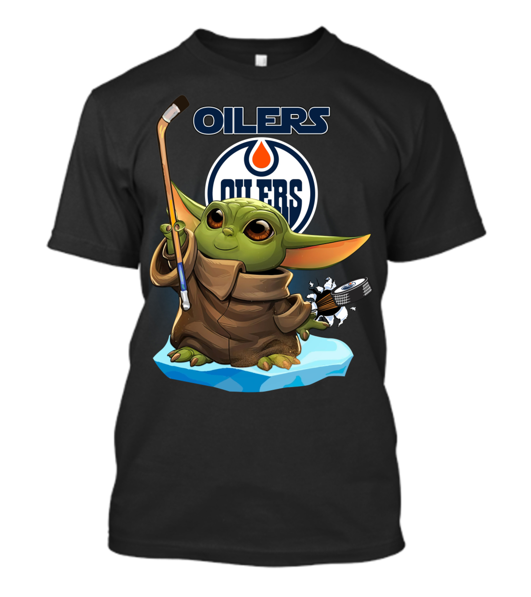 Oilers Baby Yoda Holding Hockey Stick And Puck On Ice T-Shirt