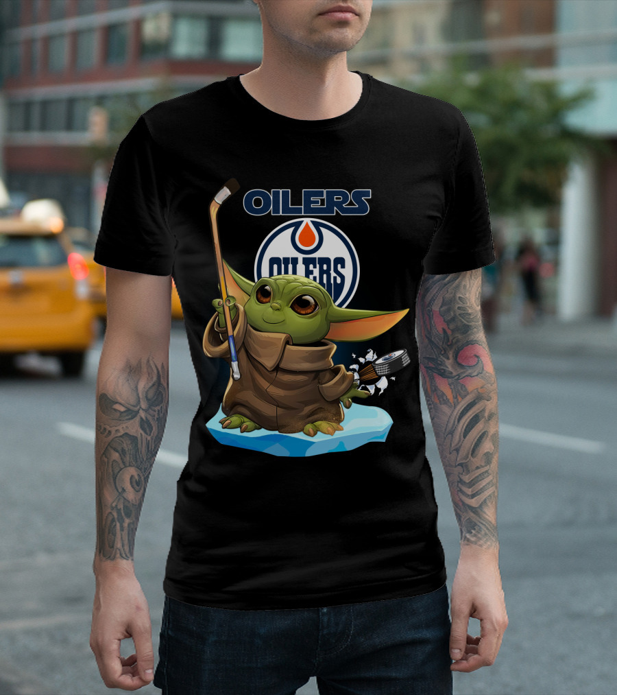 Oilers Baby Yoda Holding Hockey Stick And Puck On Ice T-Shirt