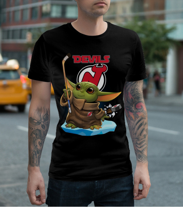 Baby Yoda New Jersey Devils Hockey Puck Lightsaber T-Shirt