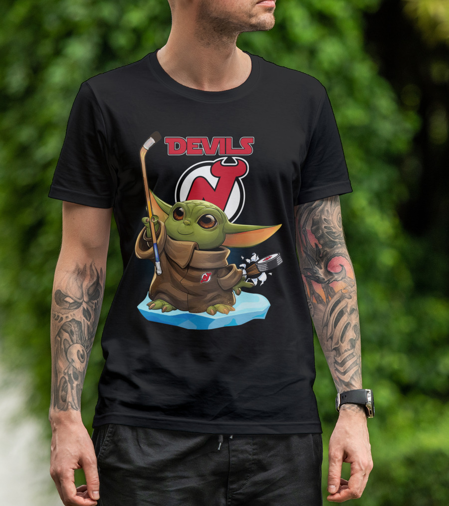 Baby Yoda New Jersey Devils Hockey Puck Lightsaber T-Shirt