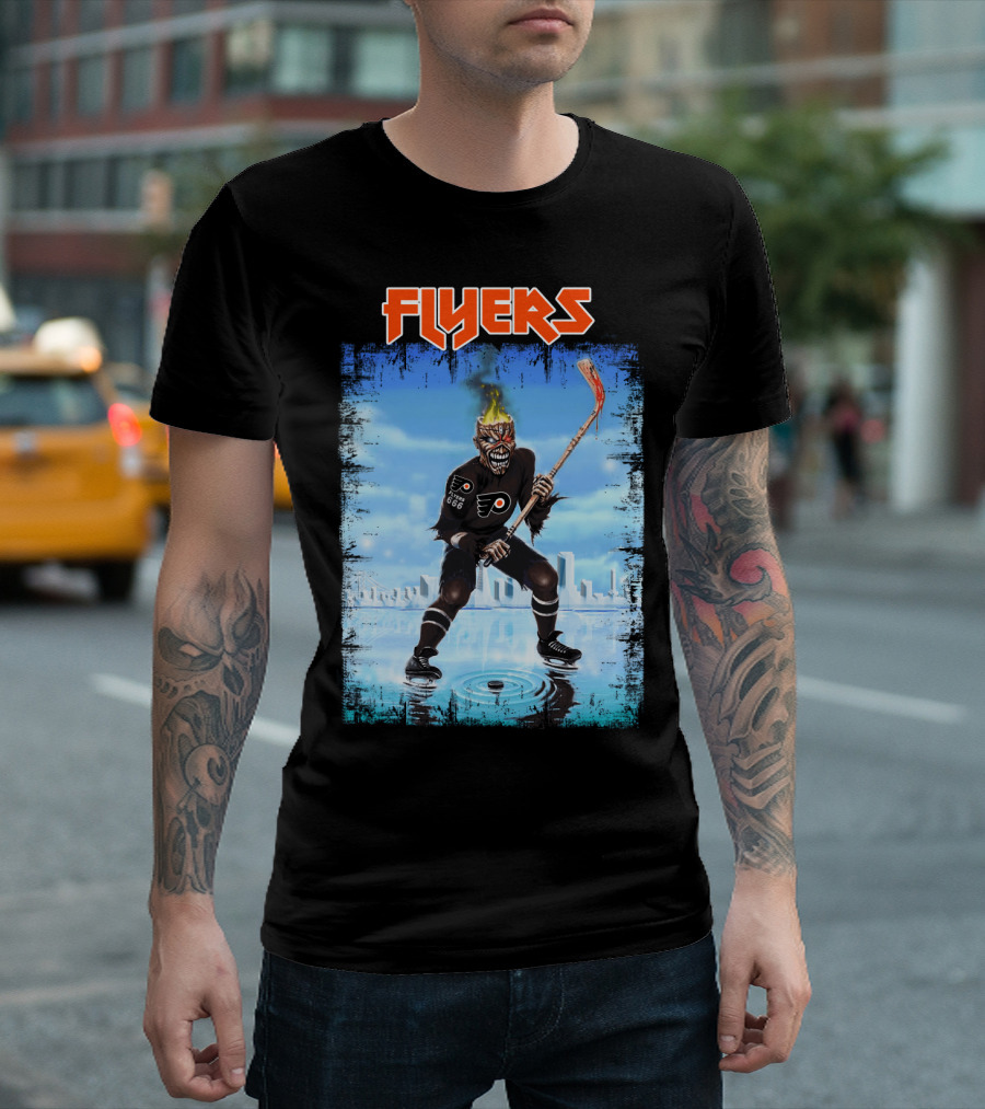 Flyers Hockey Demon with Flaming Head and Stick in Ice City Background T-Shirt