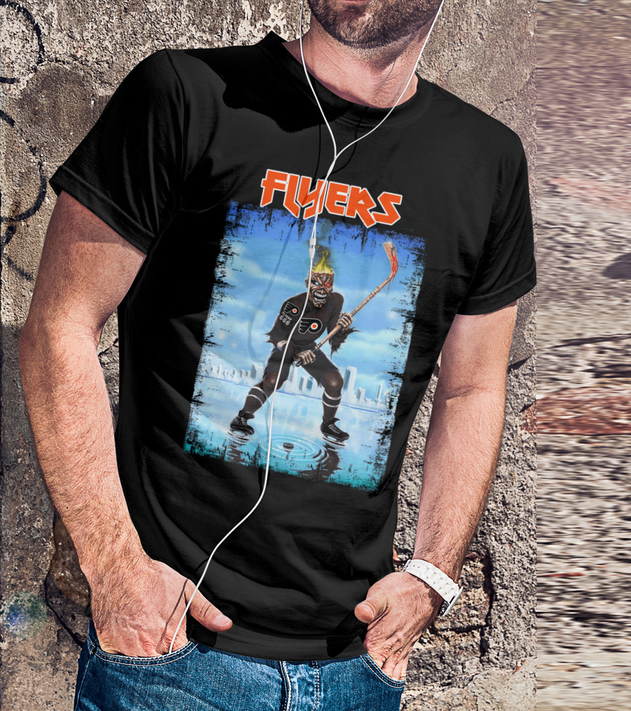 Flyers Hockey Demon With Flaming Head And Stick In Ice City Background T-Shirt