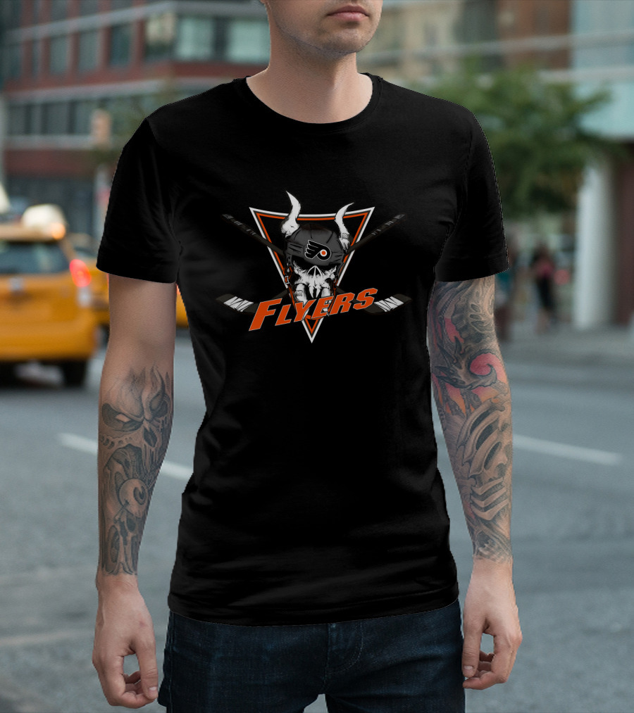 Flyers Skull With Hockey Sticks And Helmet T-Shirt