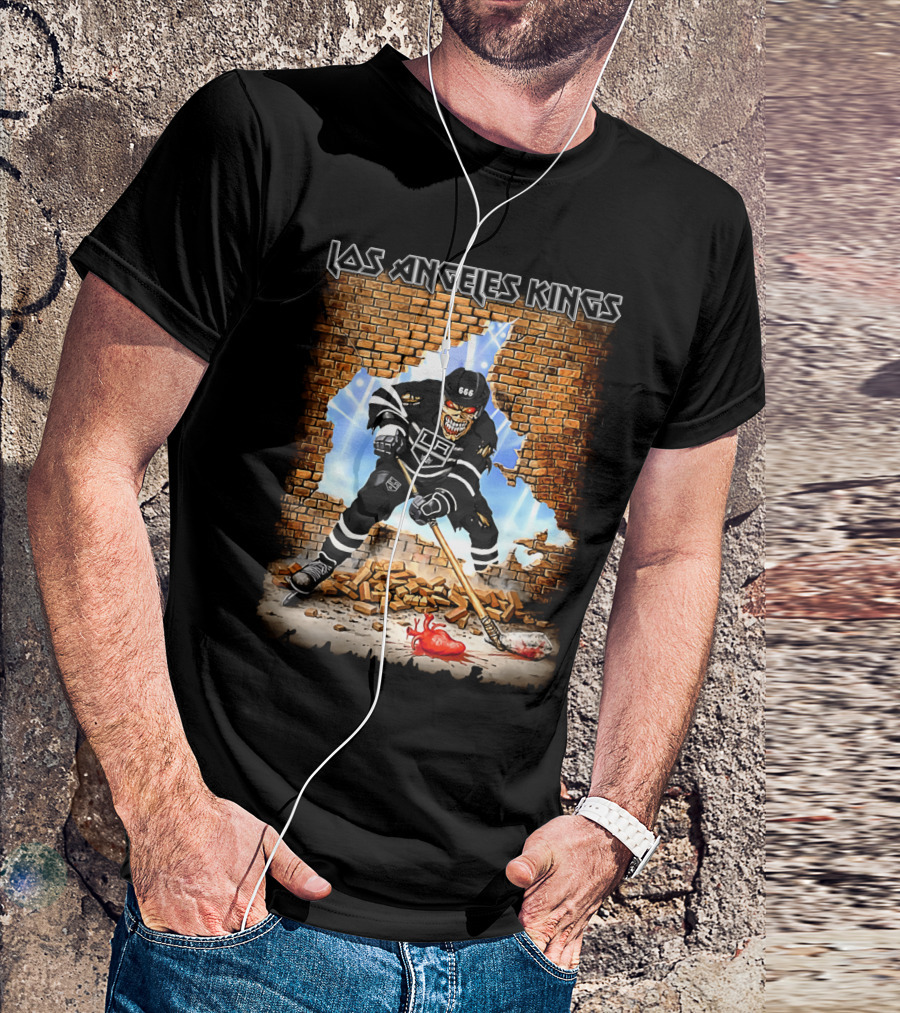 Los Angeles Kings Hockey Skeleton Breaks Wall With Heart Puck T-Shirt