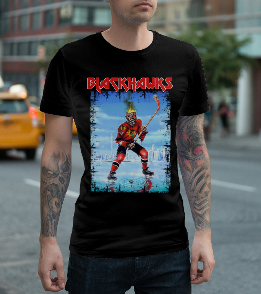 Blackhawks Chicago Ice Hockey Skeleton Figure Skating On Cityscape T-Shirt
