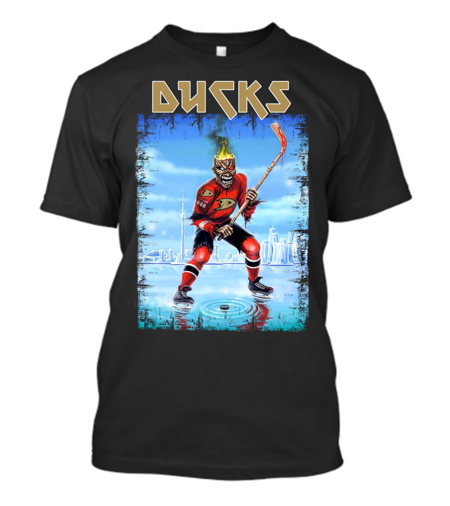 Anaheim Ducks Hockey Skeleton Warrior Skating On Ice T-Shirt