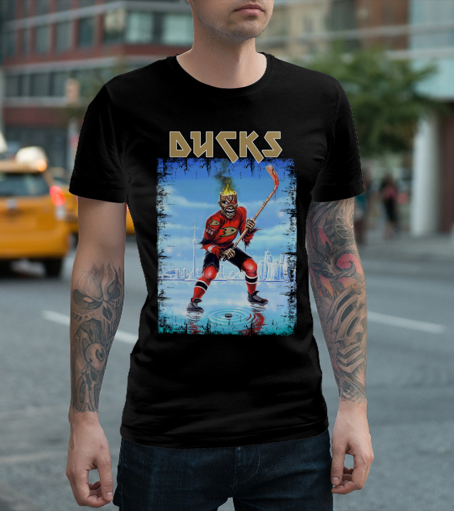 Anaheim Ducks Hockey Skeleton Warrior Skating On Ice T-Shirt