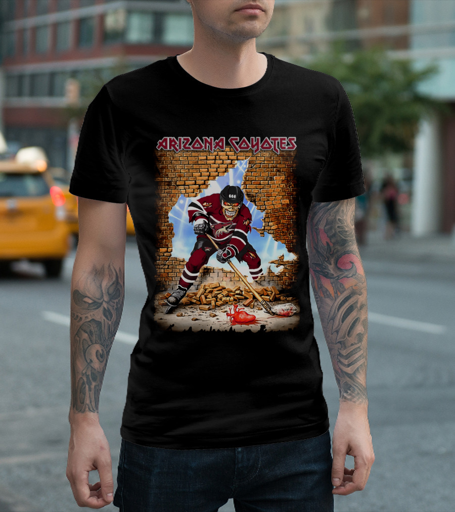 Arizona Coyotes Hockey Skeleton Player Breaking Through Brick Wall T-Shirt