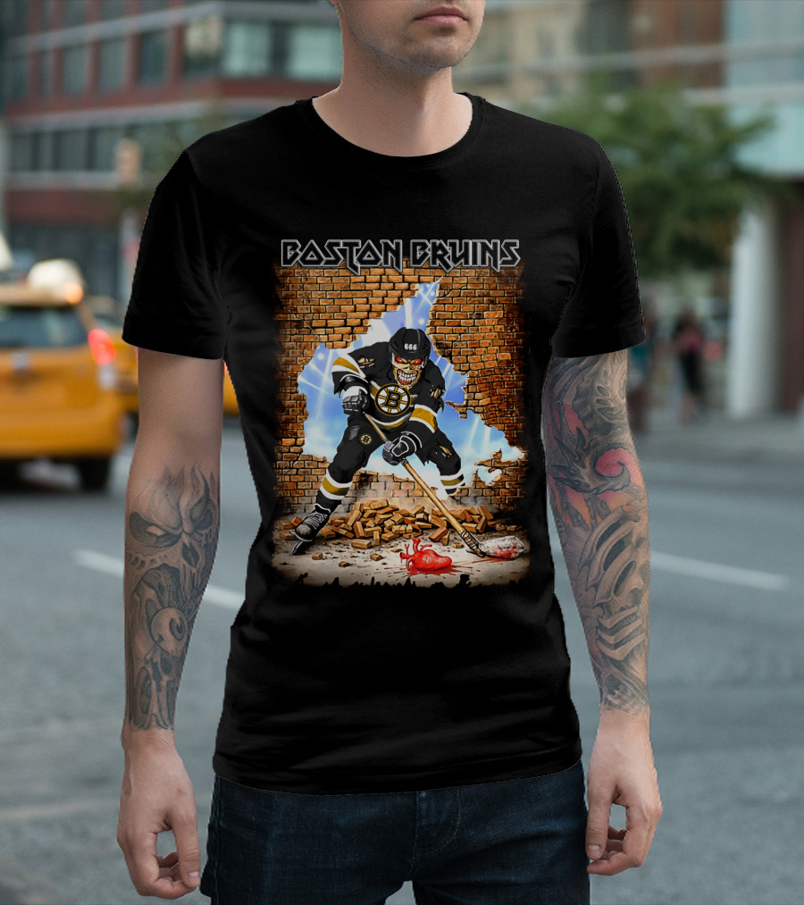 Boston Bruins Hockey Player Breaking Through Brick Wall T-Shirt