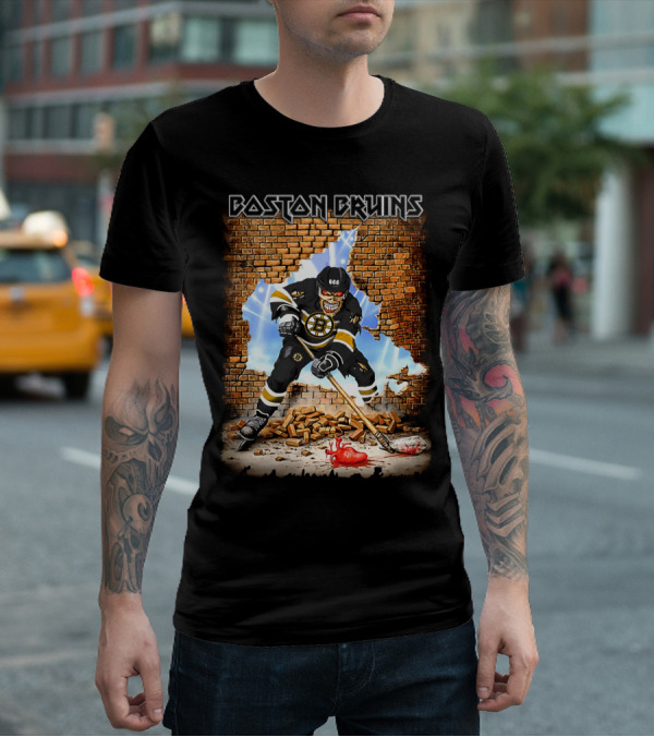 Boston Bruins Hockey Player Breaking Through Brick Wall T-Shirt