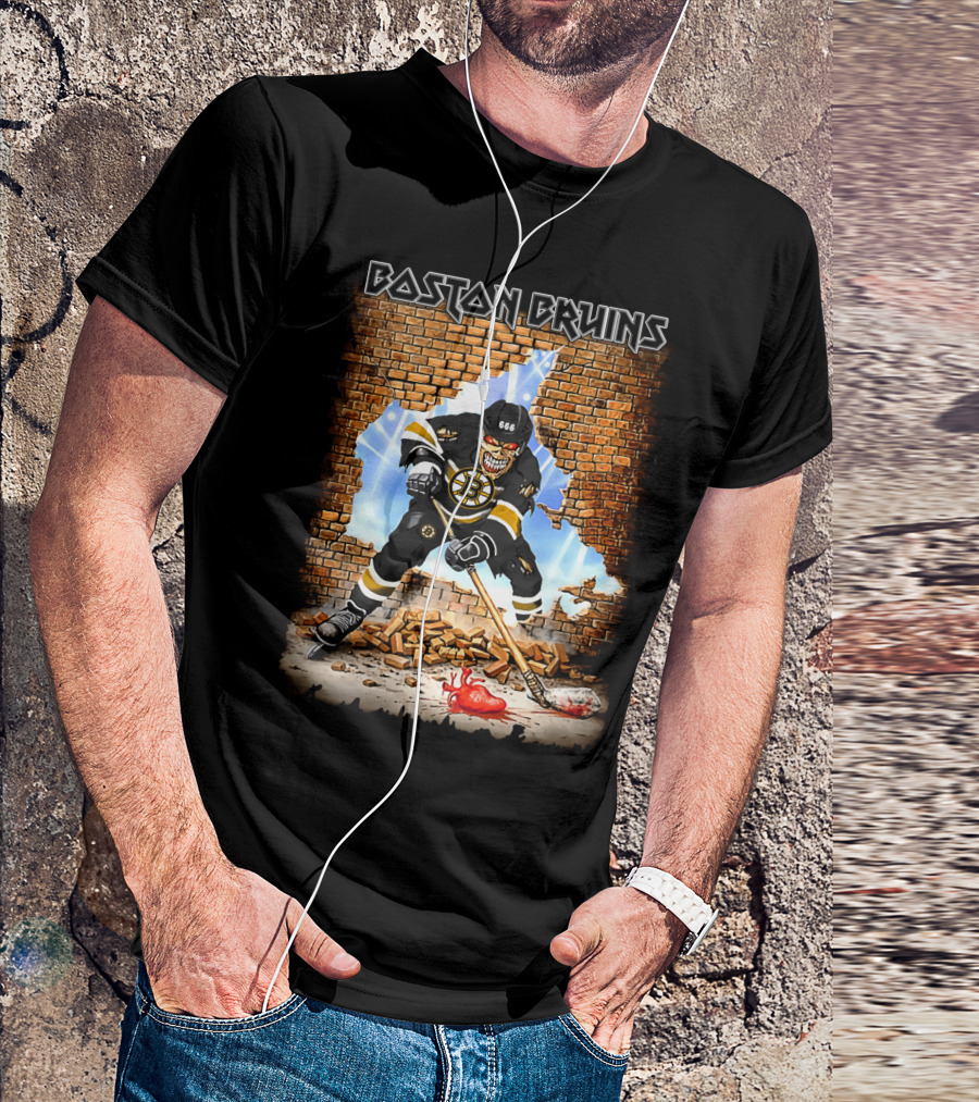 Boston Bruins Hockey Player Breaking Through Brick Wall T-Shirt