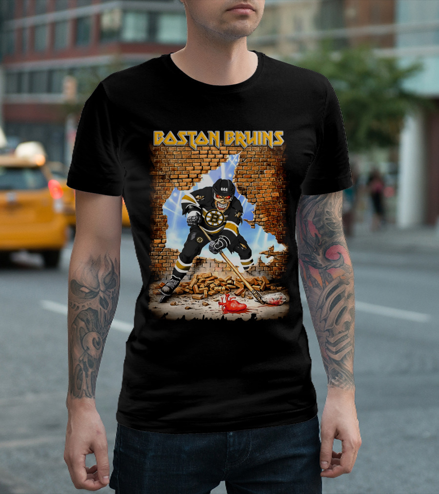 Boston Bruins Hockey Player Skeleton Smashing Brick Wall with Heart and Crossed Bones T-Shirt