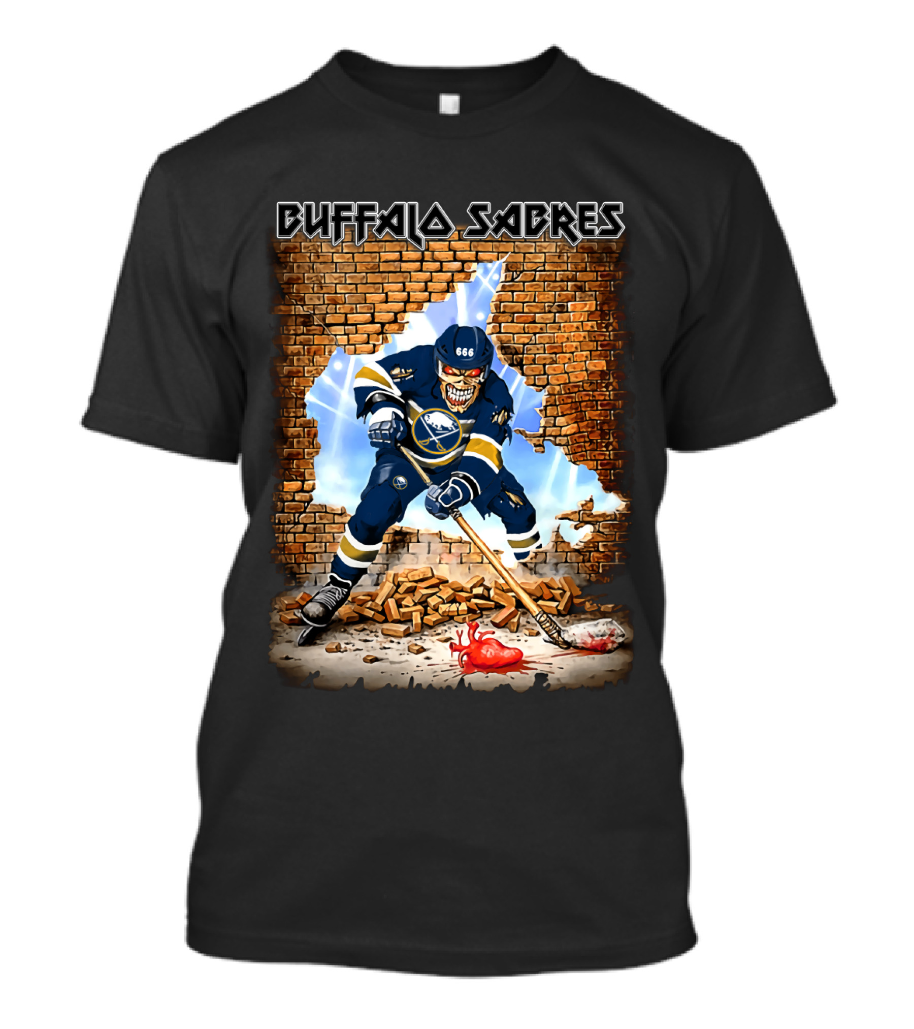 Buffalo Sabres Skeleton Hockey Player Breaking Brick Wall T-Shirt