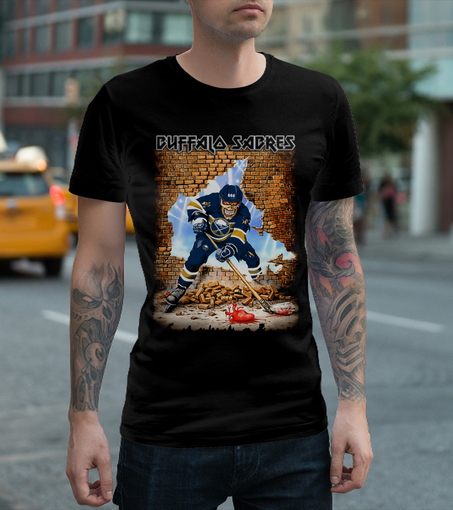 Buffalo Sabres Skeleton Hockey Player Breaking Brick Wall T-Shirt