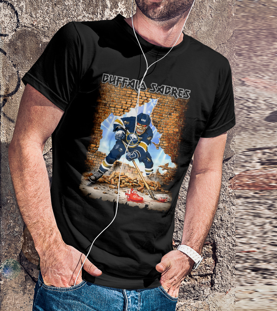 Buffalo Sabres Skeleton Hockey Player Breaking Brick Wall T-Shirt
